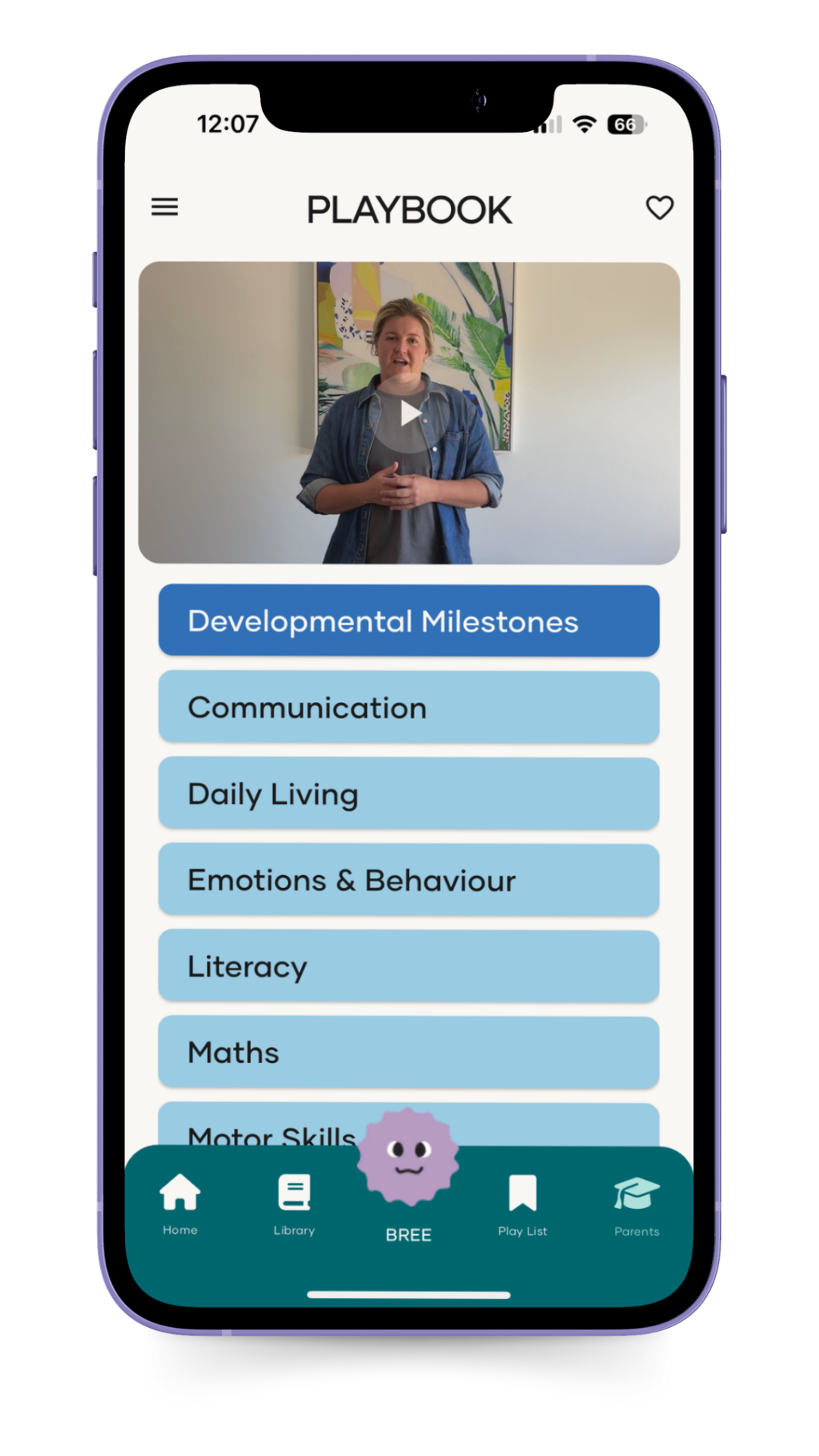 A list of categories: Developmental Milestones, Communication, Daily Living, etc.